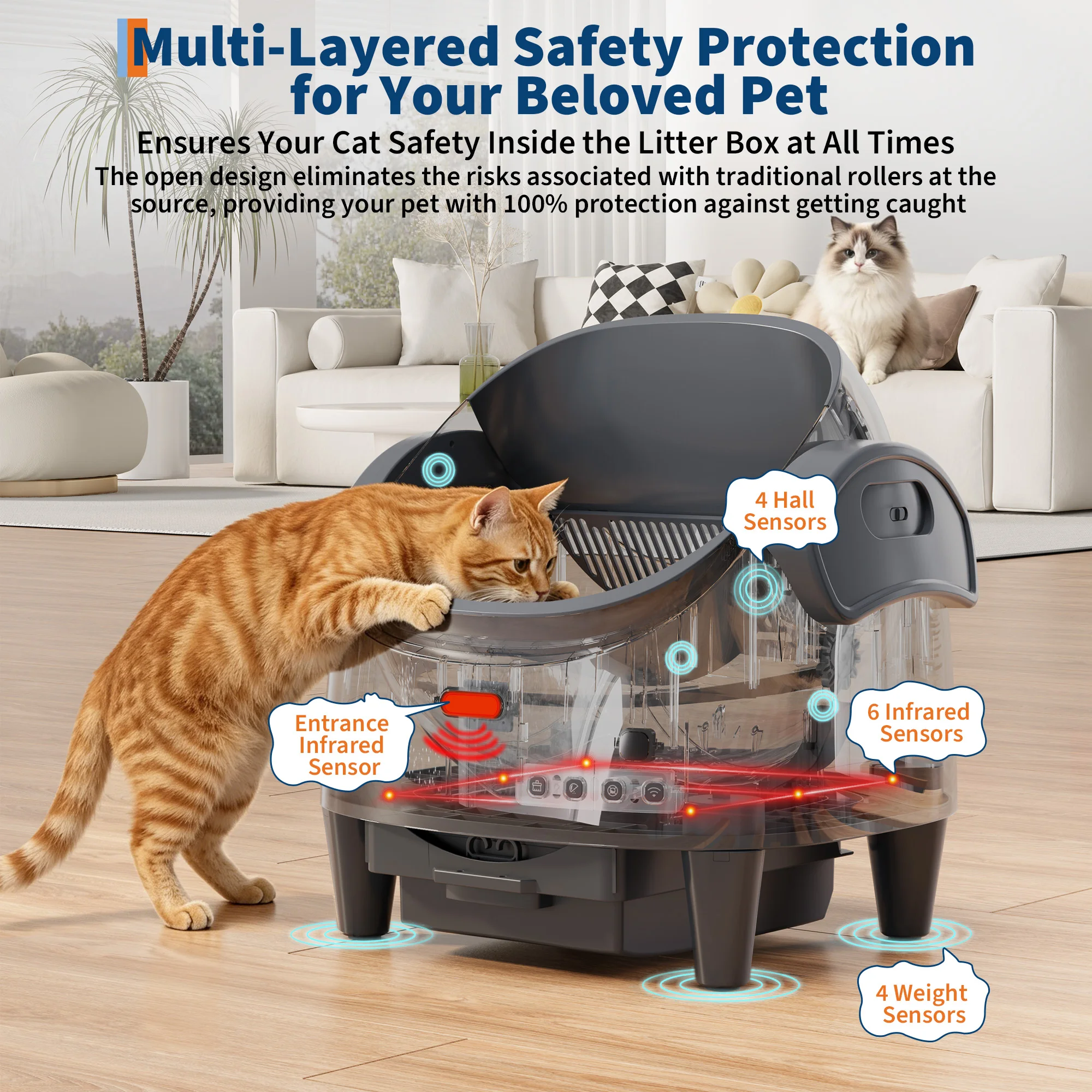 HAUSPROFI Fully Automatic Self-Cleaning Cat Toilet,Open-Top,10.5L,Extra large, Odor Control,Anti-Pinch,App Remote Control for large cats - Image 3